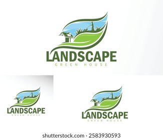 landscape logo creative green design concept lawn mower sun forest