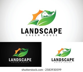 landscape logo creative green house design concept lawn mower sun