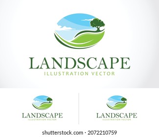 landscape logo creative tree pines garden sun illustration vector
