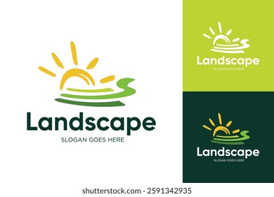 Landscape logo design, Modern simple landscape logotype integrated with sun icon, Creative agriculture design symbol template inspiration, Ecology, Hills, Farm Logo, Nature logo vector template.