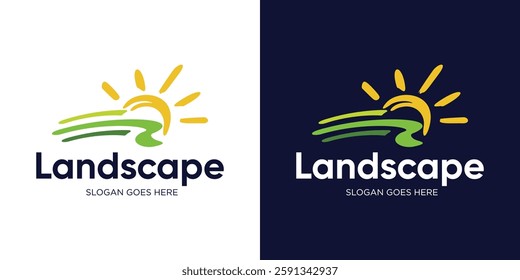 Landscape logo design, Modern simple landscape logotype integrated with sun icon, Creative agriculture design symbol template inspiration, Ecology, Hills, Farm Logo, Nature logo vector template.
