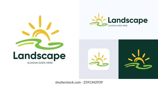 Landscape logo design, Modern simple landscape logotype integrated with sun icon, Creative agriculture design symbol template inspiration, Ecology, Hills, Farm Logo, Nature logo vector template.