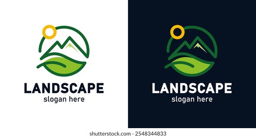 Landscape logo design. Mountain logo vector with Leaf and sun design graphic symbol icon