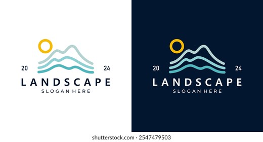 Projeto do logotipo da paisagem. vista da paisagem da montanha com nascer do sol em estilo do projeto do logotipo da arte da linha. símbolo do ícone do vetor.