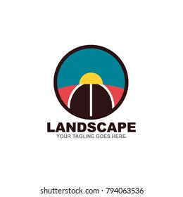 Landscape logo design with sun, road and sky icon vector template