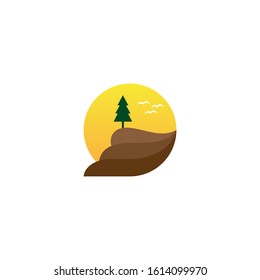 landscape logo design vector with pine tree sun element