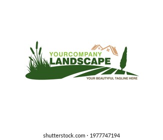 Landscape Logo With Hills Bush Grass Tree Pine And House Roof