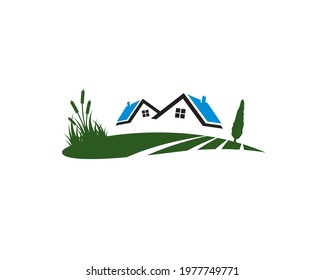 landscape logo with hills bush grass tree pine and house roof