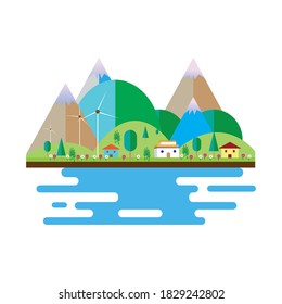 landscape logo illustration of beach  flower garden  with color. vector design