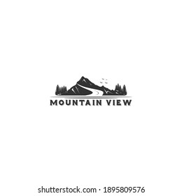 landscape logo with illustration of a mountain that has a small river flowing clear water