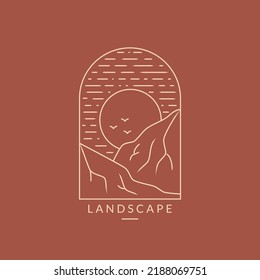 Landscape logo. Line emblem with mountains and sun. Trendy design for travel agencies, eco tourism, outdoor resort, mountaineering or other themes. Outline illustration in Boho style. Vector.