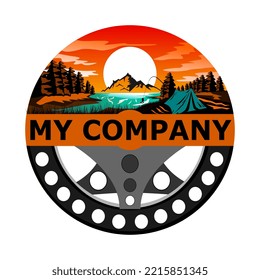 landscape logo mountain with flying reels camping with fishing in the river at sunset with red clouds emblem badge and vintage illustration vector isolated. 