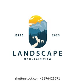 Landscape logo nature adventure design mountain and river luxury vector illustration