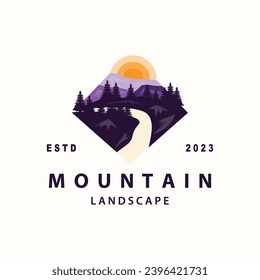 Landscape logo nature adventure design mountain and river luxury vector illustration