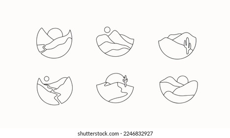 Landscape logo outlined simple doodle han drawn isolated adventure modern illustration line art mountain nature abstract logo circle round vector horizon graphic travel pictogram icons web minimalist 