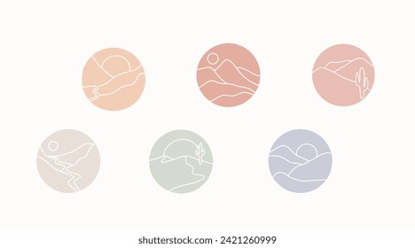 Landscape logo simple doodle hand drawn isolated adventure modern illustration line art mountain nature abstract logo circle round vector horizon graphic travel pictogram icons web minimalist icon set