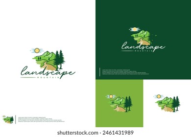 landscape logo with trees and mountains concept, natural beauty, logo design vector.