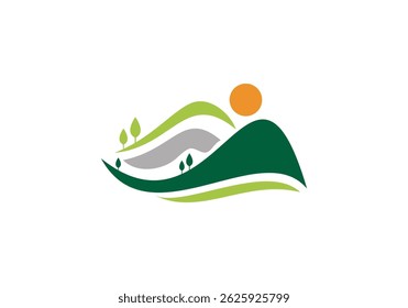 Logotipo del paisaje, diseño del Vector del logotipo del paisaje, logotipo del paisaje de la naturaleza de montaña	
