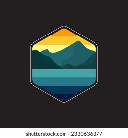 Landscape logo vector in hexagon emblem shape. It is suitable for logos of nature lovers, adventurers, explorers, mountain climbers, and others.