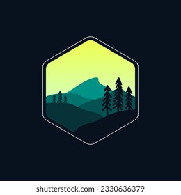 Landscape logo vector in hexagon emblem shape. It is suitable for logos of nature lovers, adventurers, explorers, mountain climbers, and others.