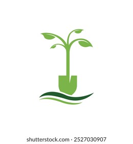 Logotipo del paisaje hojas de árbol de Vector y pala. Logotipo de la pala del árbol del concepto. Icono del jardinero del paisaje. Emblema del servicio de jardinería. símbolo de la empresa de jardinería. Ilustración vectorial.