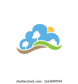 landscape logo vector with tree sun cloud wave element