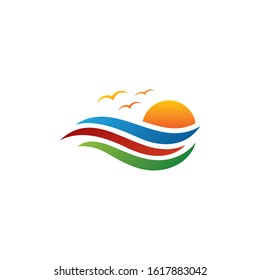 landscape logo, wave, sun, bird, seagull, animal template
