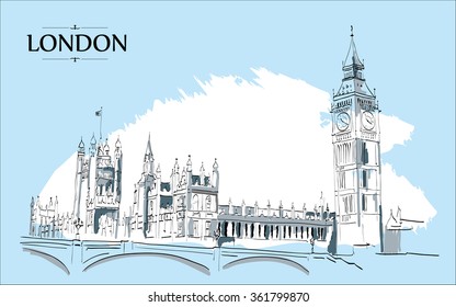 Landscape of London - Big Ben Tower. Vector Hand-drawn Sketch Illustration.Vector drawing, freehand vintage illustration