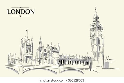 Landscape of London - Big Ben Tower. Vector Hand-drawn Sketch Illustration.Vector drawing, freehand vintage illustration