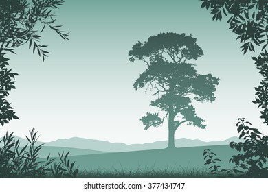 Landscape with Lone Tree  and Floral Border and Leaves