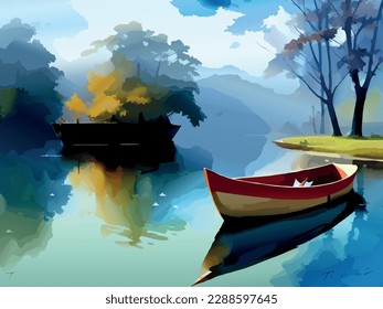 A landscape of a lonely boat in a quiet lake. Digital watercolor. Vector Illustration