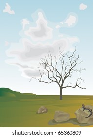 Landscape with lonely tree and lizard on the rock.