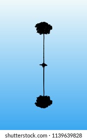 Landscape with lonely tree. Vector illustration with isolated silhouette of maple reflected in water. Blue pastel background
