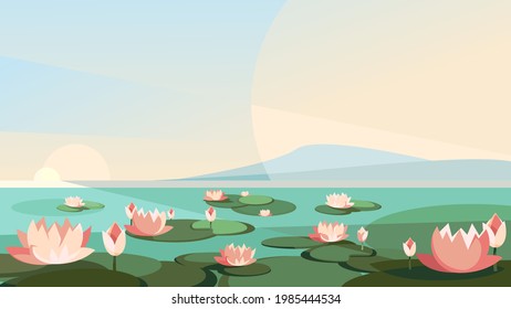 Landscape with lotuses on the river. Beautiful natural scenery.