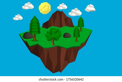 landscape of low poly forest in the island on the the sky
