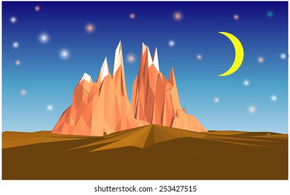 Landscape in low-polygonal style with a mountain on the background of the sky and crescent