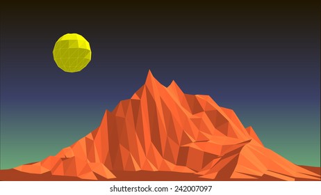Landscape in low-polygonal style on a background of the night sky with a yellow planet