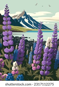 Landscape with lupine flowers and mountains. Vector illustration.