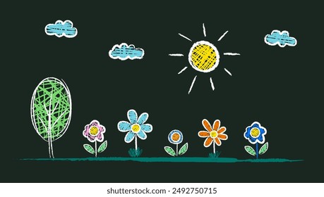 Paisaje hecho por la mano de un niño con tiza en el asfalto o una pizarra. Sol, árbol, flores. Dibujos para niños Líneas blancas y de colores sobre fondo oscuro