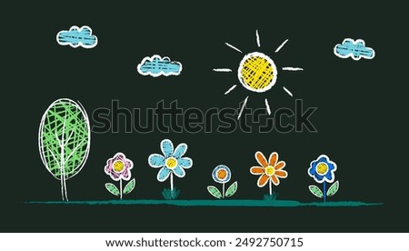 Landscape made by a child's hand with chalk on asphalt or a blackboard. Sun, tree, flowers. Children's drawings White and colored lines on a dark background