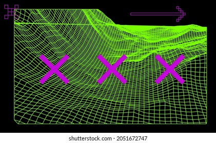 Landscape made of polygonal laser wireframe. Concept of virtual reality and sci-fi world.