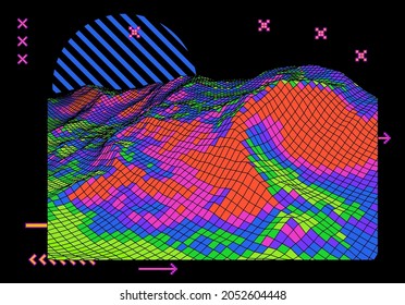 Landscape made of polygonal laser wireframe. Concept of virtual reality and sci-fi world.