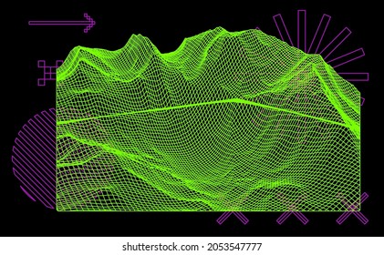 Landscape made of polygonal laser wireframe. Concept of virtual reality and sci-fi world.