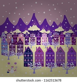 Landscape in magical forest. Amazing fairy house decorated at christmas style. Postcard on neutral, beige and purple colors. Unusual christmas illustration. Vector illustration.