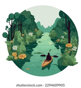 landscape man in a canoe on river icon