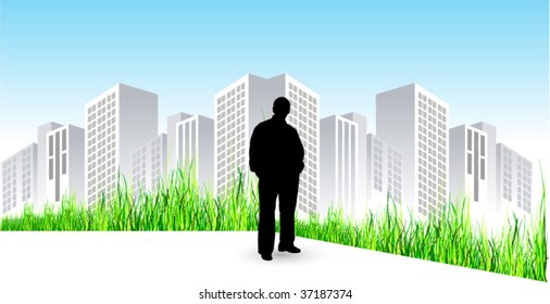 landscape with man and a city