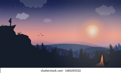 landscape, man on the mountain, dawn