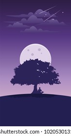 Landscape man under the tree at night vector illustration. Fantasy wallpaper smartphone background android smart phone