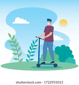 landscape with man using face mask in scooter vector illustration design