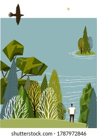 
Paisaje con un hombre. Ilustración vectorial con hermoso paisaje, río de árboles, hombre, pájaro para postal, cartel, afiche, impresión, diseño.